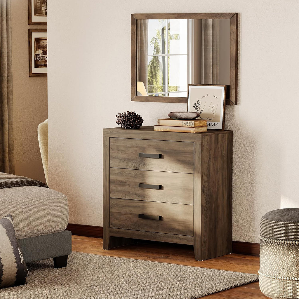WAMPAT Farmhouse 3 Drawer Nightstand Set of 2, Large Wood Bedside Tables, 32' Wide End Tables with Storage for Bedroom, Hallway, Brown