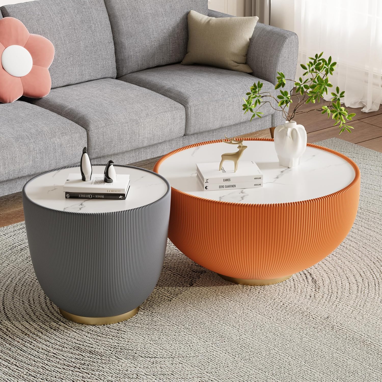 Modern Round End Table Luxury Sintered Stone Top Coffee Table in Grey Leatherette Creative Bowl-Shape Small Coffee Side End Table for Living Room Bedroom,Fully Assembled
