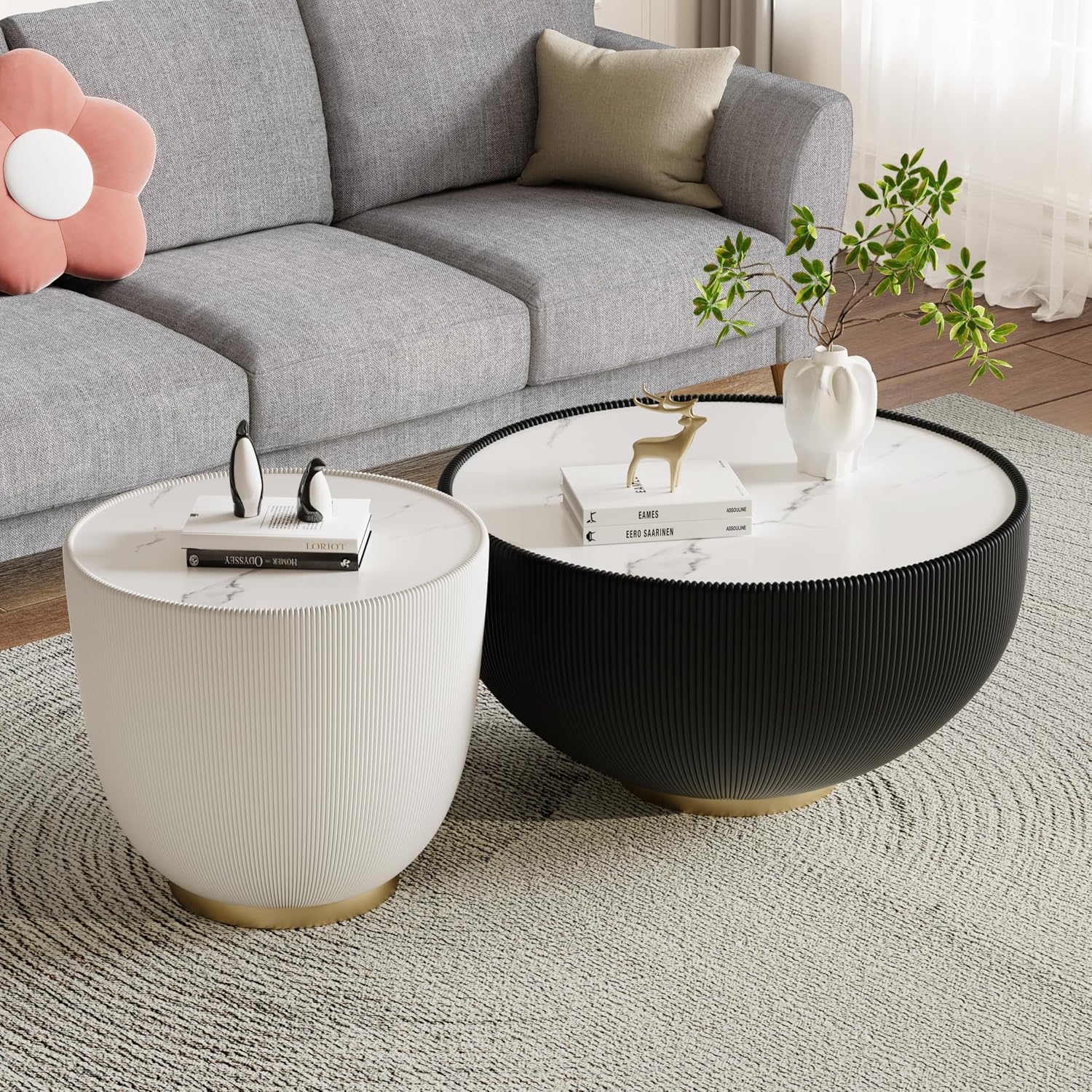 Modern Round Coffee Table Luxury Sintered Stone Top Coffee Table in Black Leatherette Creative Bowl-Shape Cocktail Center Table for Living Room Bedroom,Fully Assembled