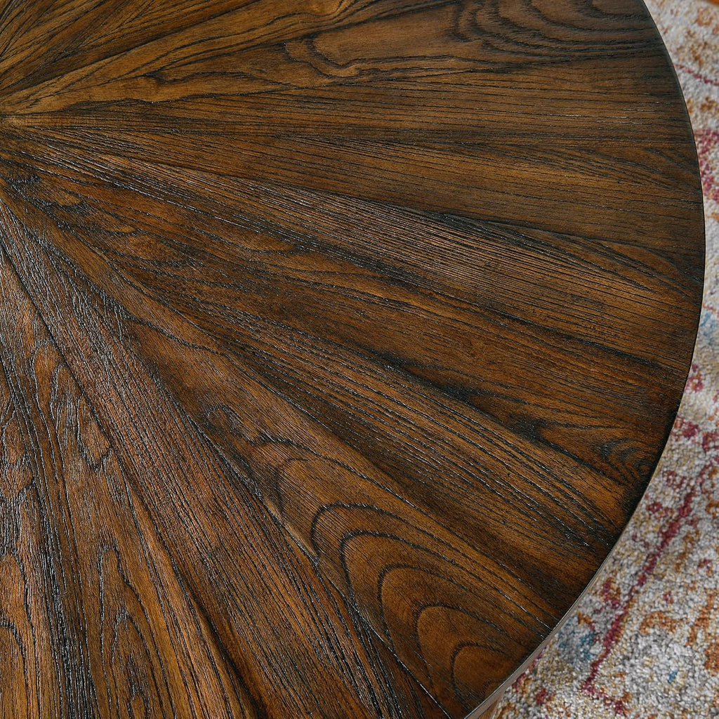 33.5' Round Coffee Table with Storage Shelf, Solid Wood Living Room Table with Umbrella Shaped Top, Farmhouse Center Cocktail Table for Office, Easy Assembly, Vintage Brown KFZ3338NC