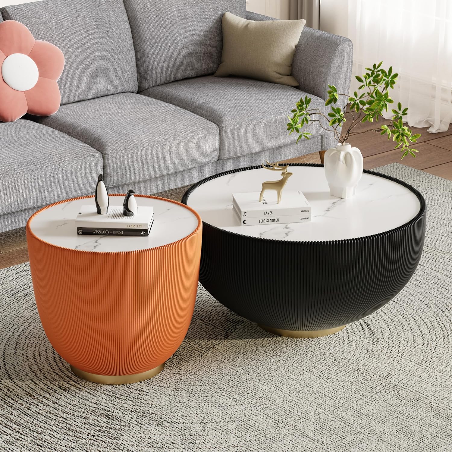 Modern Round Coffee Table Set of 2 Luxury Sintered Stone Top Coffee End Table in Black/Orange Leatherette Creative Bowl-Shape Small Coffee Side End Tables for Living Room Bedroom