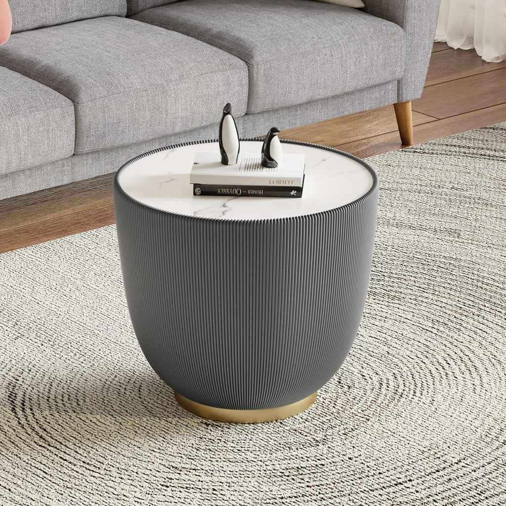 Modern Round End Table Luxury Sintered Stone Top Coffee Table in Grey Leatherette Creative Bowl-Shape Small Coffee Side End Table for Living Room Bedroom,Fully Assembled