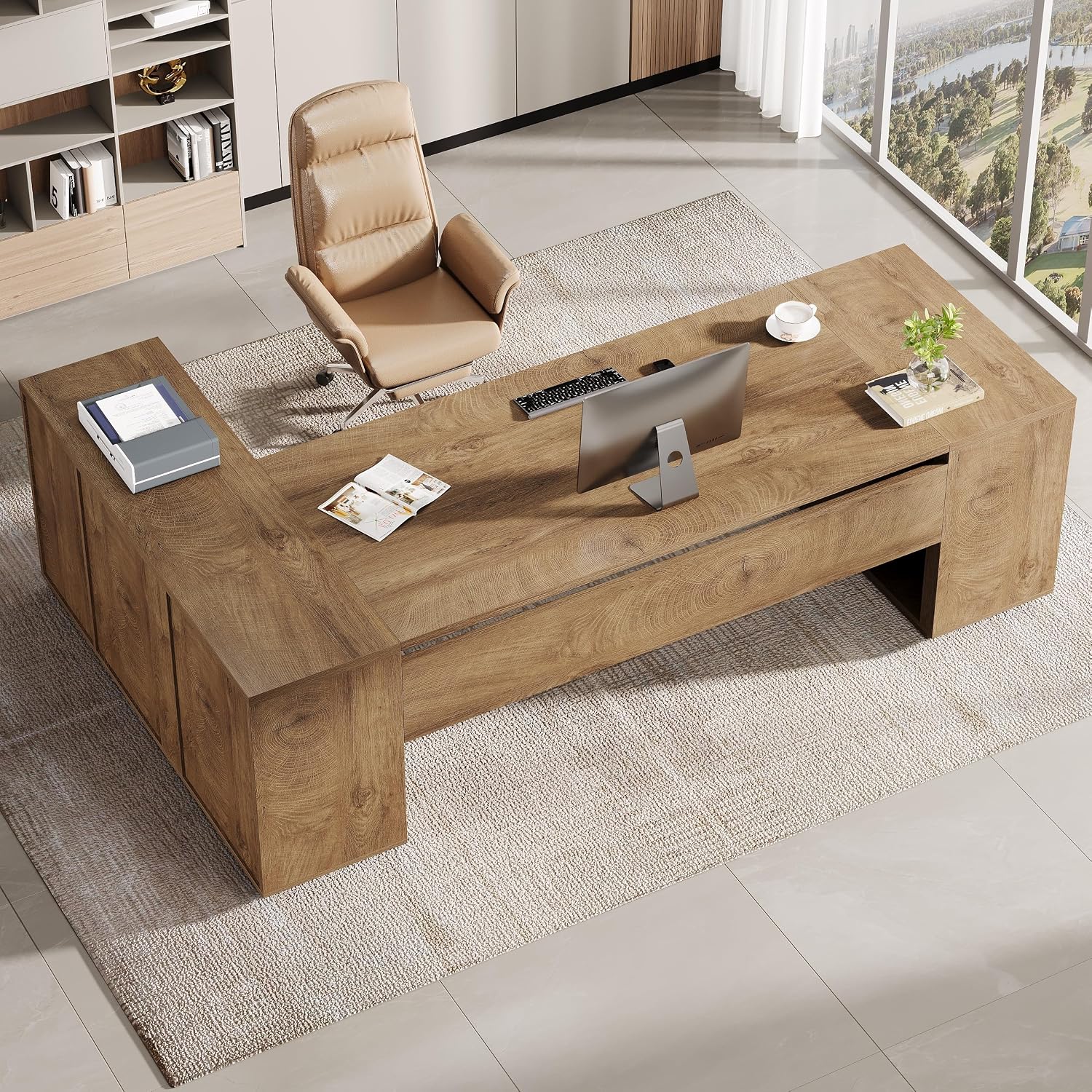 Tribesigns 85.8-Inch L-Shaped Executive Desk, Extra Large Modern Office Desk with File Drawers, Door Cabinet & Shelves, Commercial Office Table, Home Business Workstation, Natural Oak