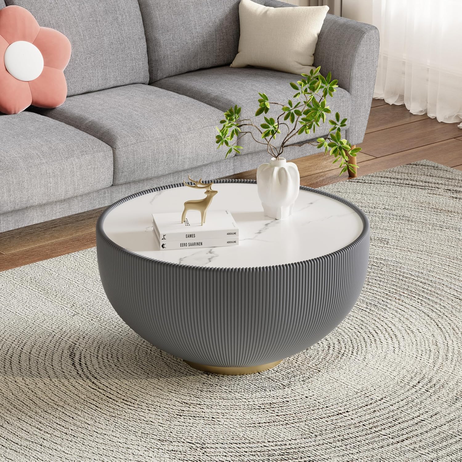 Modern Round Coffee Table Luxury Sintered Stone Top Coffee Table in Grey Leatherette Creative Bowl-Shape Cocktail Center Table for Living Room Bedroom,Fully Assembled