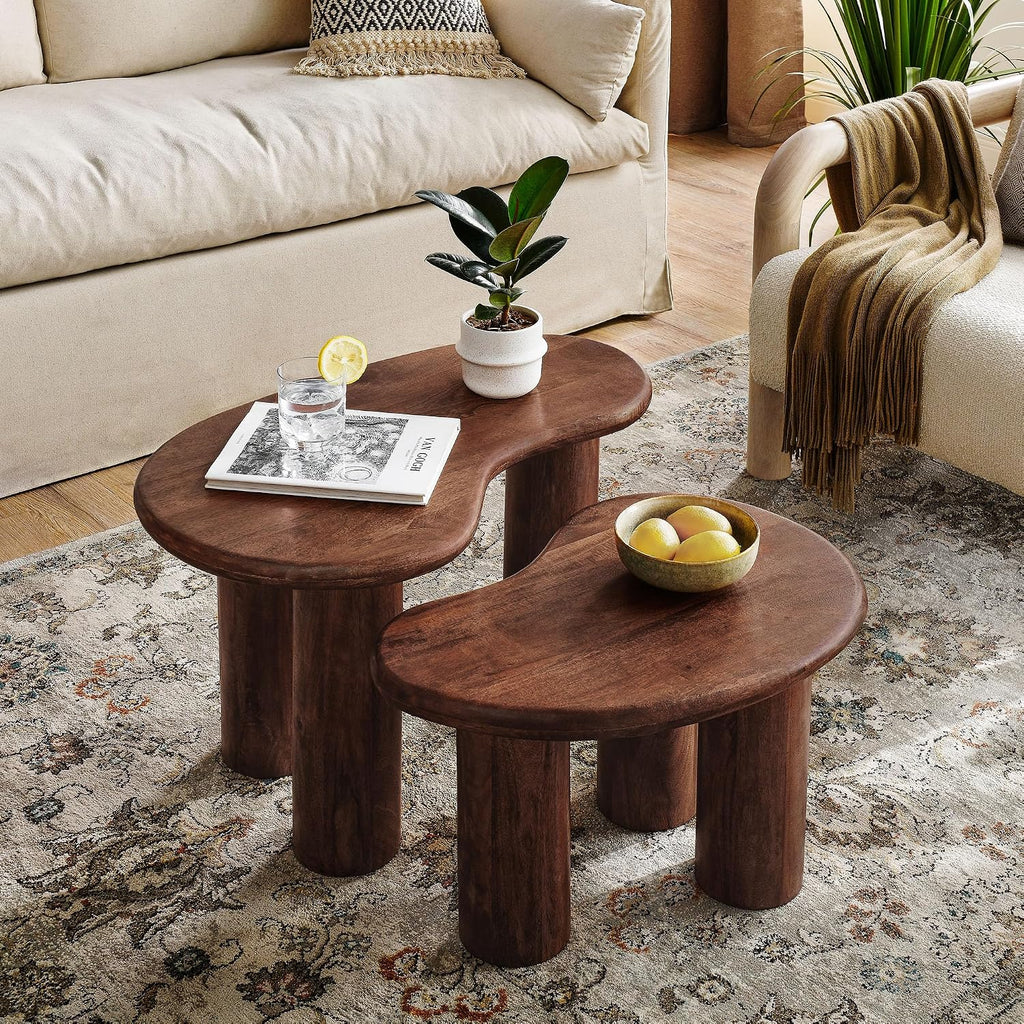 Modway Hackney Mango Wood Nesting Coffee Table Set in Walnut - 2 Piece Kidney-Shaped Wood Coffee Table for Living Room