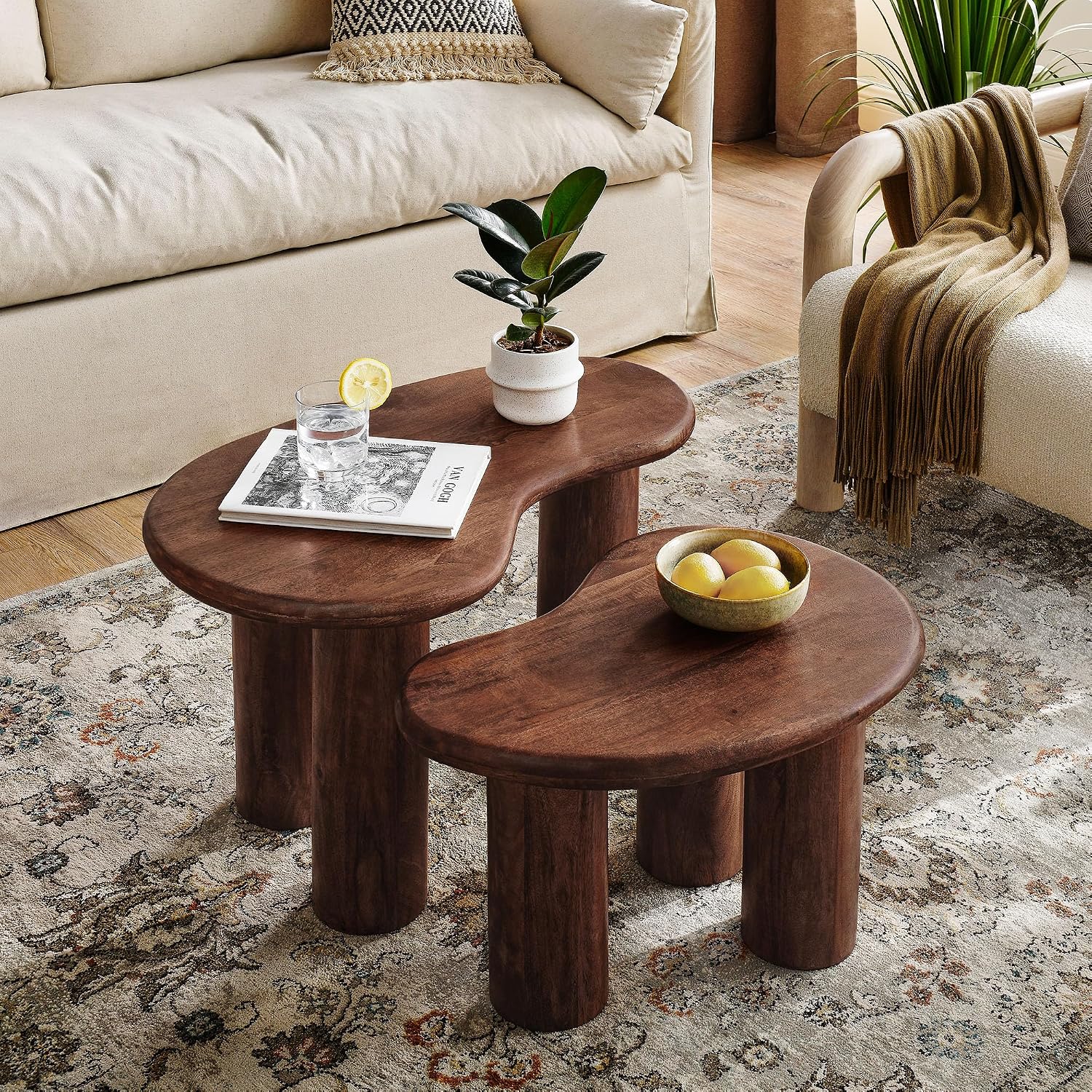Modway Hackney Mango Wood Nesting Coffee Table Set in Walnut - 2 Piece Kidney-Shaped Wood Coffee Table for Living Room