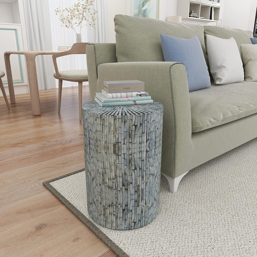Deco 79 Mother of Pearl Shell Handmade Side End Accent Table Mosaic End Table, Side Table 14' x 14' x 20', Light Blue