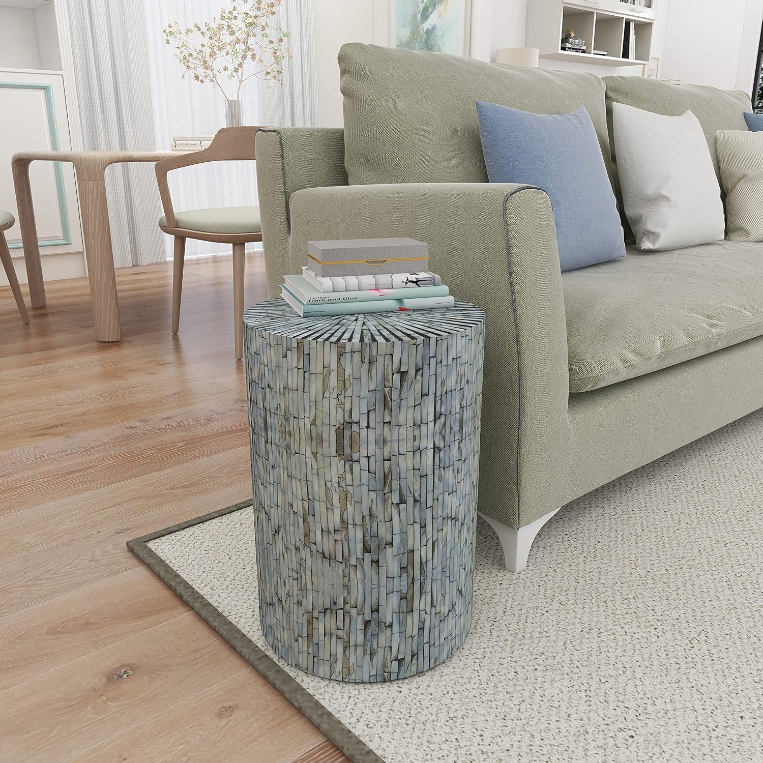 Deco 79 Mother of Pearl Shell Handmade Side End Accent Table Mosaic End Table, Side Table 14' x 14' x 20', Light Blue