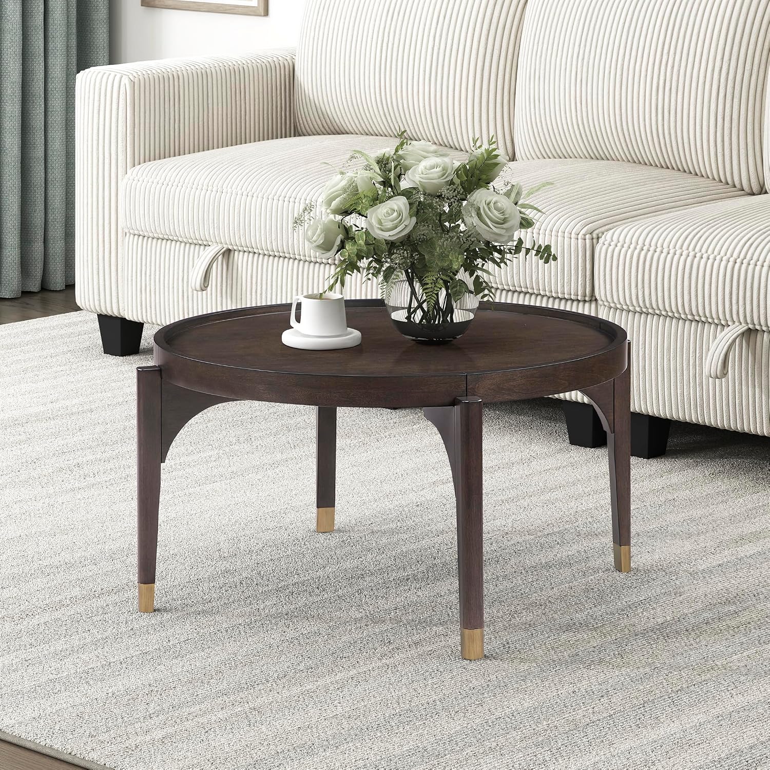 Lexicon Round Wood Coffee Table with Gold Metal Cap, 36' Dia. Mid Century Modern Round Birch Wood Veneer Accent Table for Contemporary Living Room, Easy Assembly, Dark Brown
