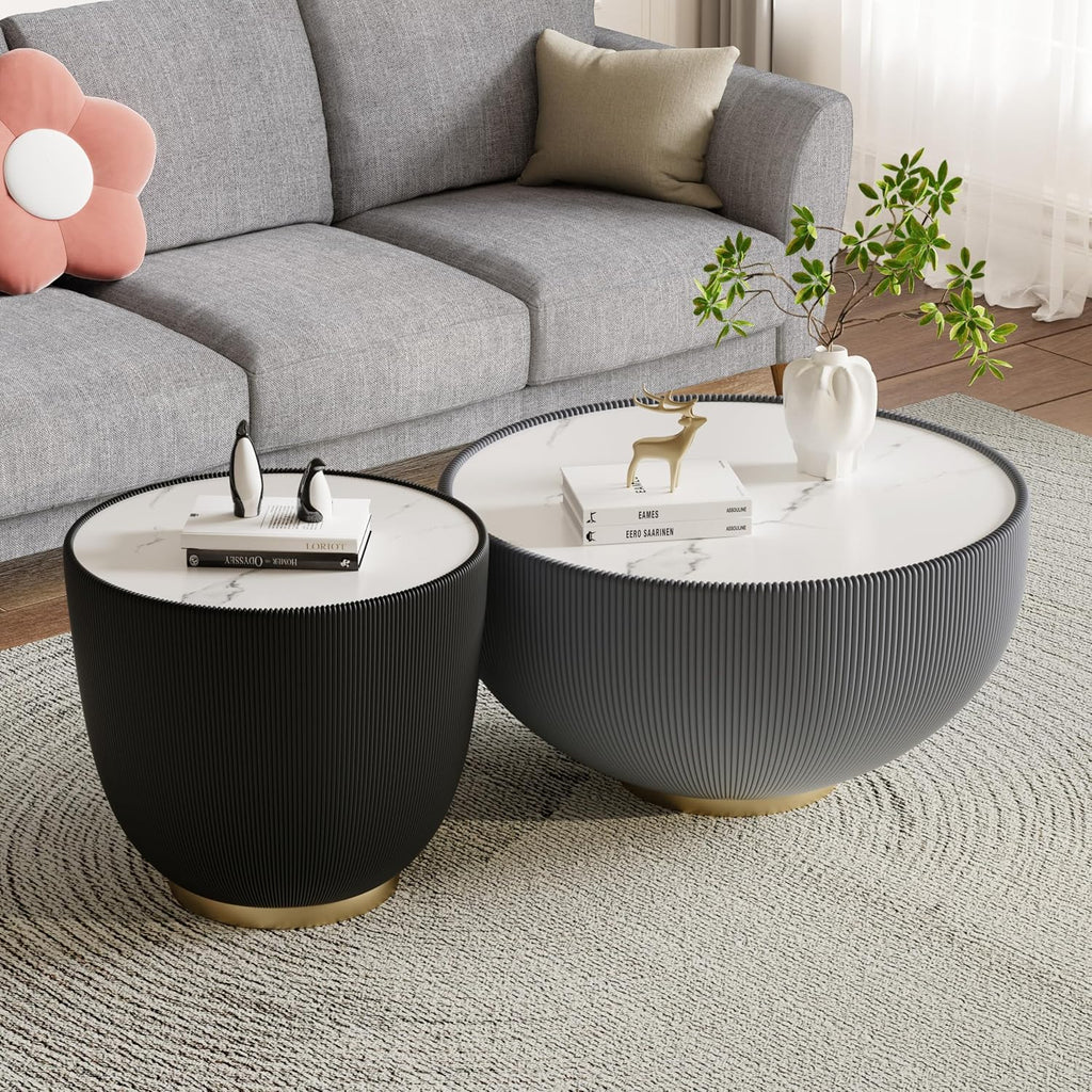 Modern Round Coffee Table Set of 2 Luxury Sintered Stone Top Coffee End Table in Grey/Black Leatherette Creative Bowl-Shape Small Coffee Side End Tables for Living Room,Fully Assembled