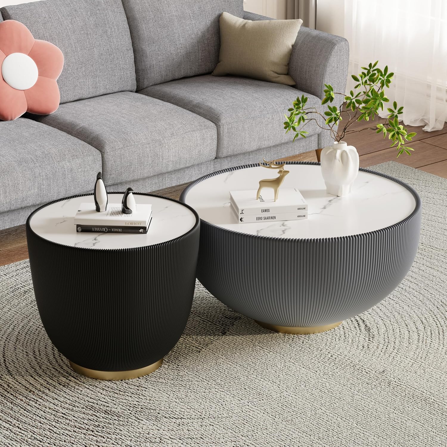 Modern Round Coffee Table Set of 2 Luxury Sintered Stone Top Coffee End Table in Grey/Black Leatherette Creative Bowl-Shape Small Coffee Side End Tables for Living Room,Fully Assembled