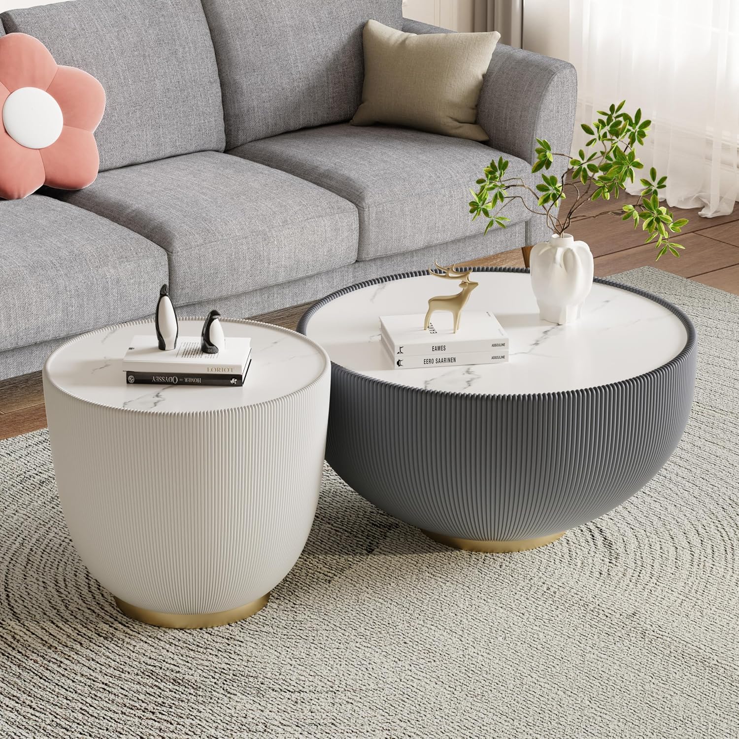Modern Round Coffee Table Set of 2 Luxury Sintered Stone Top Coffee End Table in Grey/White Leatherette Creative Bowl-Shape Small Coffee Side End Tables for Living Room,Fully Assembled