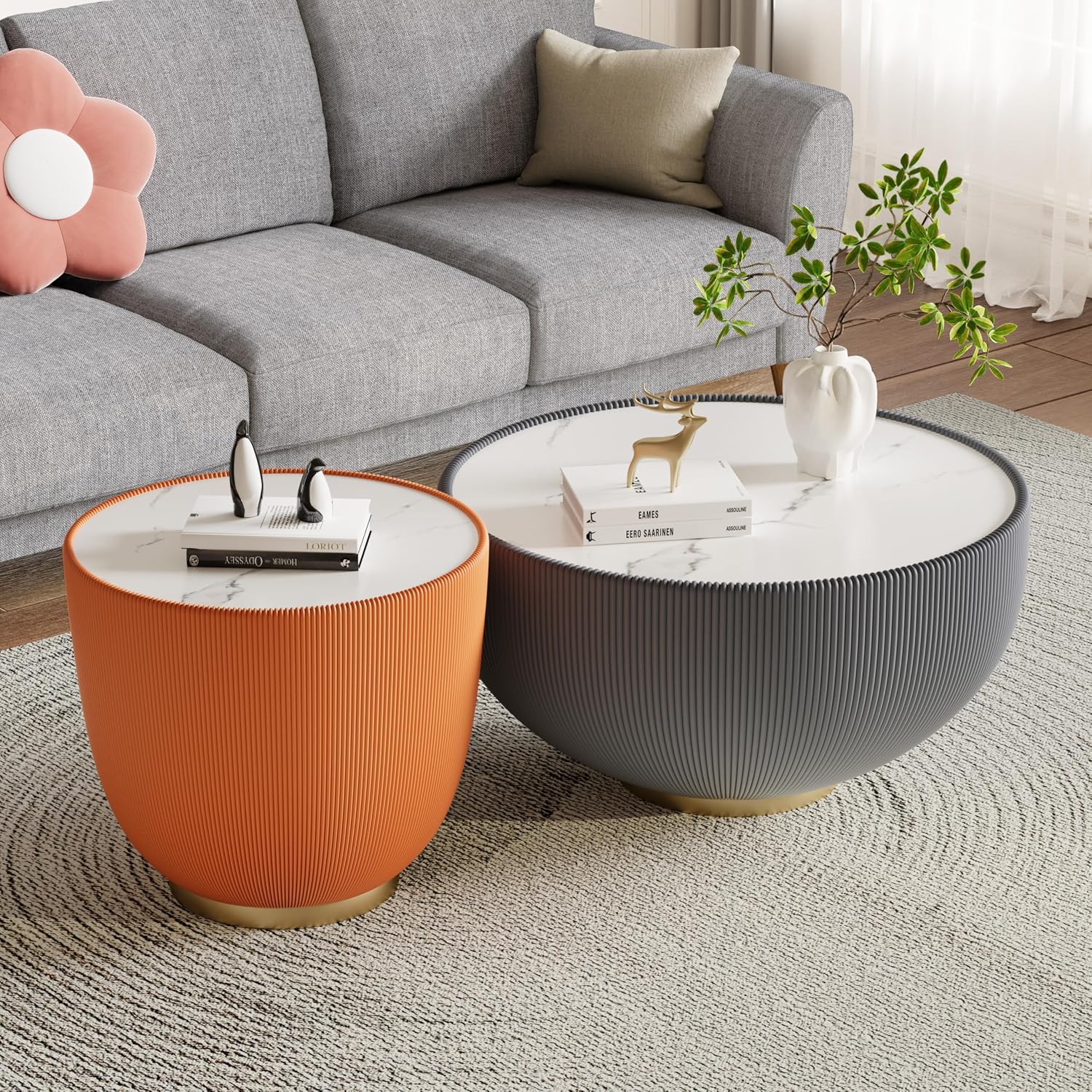 Modern Round Coffee Table Luxury Sintered Stone Top Coffee Table in Grey Leatherette Creative Bowl-Shape Cocktail Center Table for Living Room Bedroom,Fully Assembled