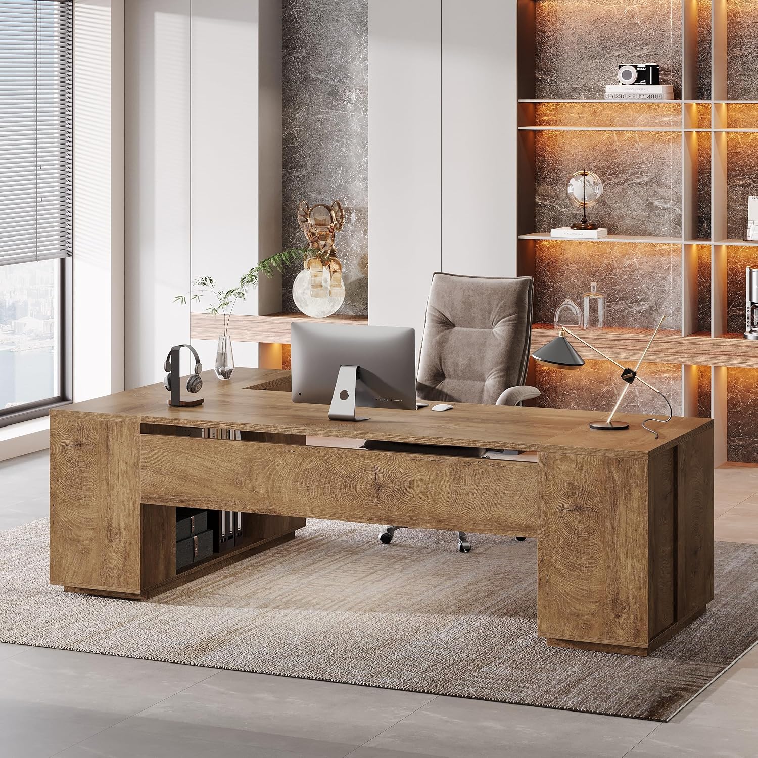 Tribesigns 85.8-Inch L-Shaped Executive Desk, Extra Large Modern Office Desk with File Drawers, Door Cabinet & Shelves, Commercial Office Table, Home Business Workstation, Natural Oak