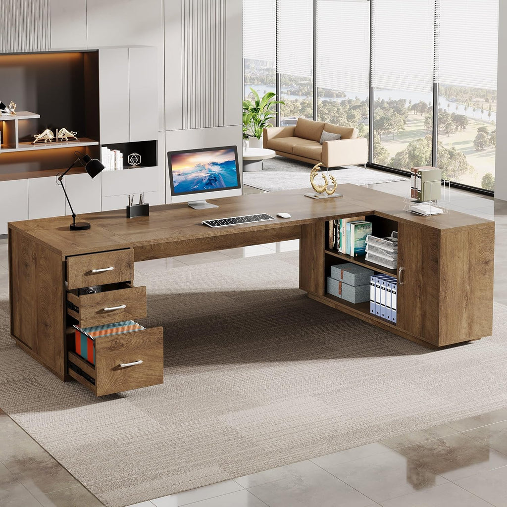 Tribesigns 85.8-Inch L-Shaped Executive Desk, Extra Large Modern Office Desk with File Drawers, Door Cabinet & Shelves, Commercial Office Table, Home Business Workstation, Natural Oak