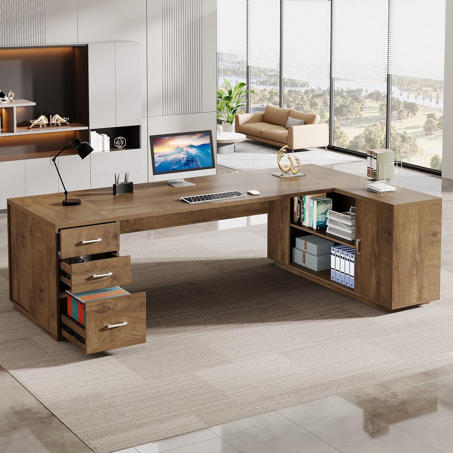 Tribesigns 85.8-Inch L-Shaped Executive Desk, Extra Large Modern Office Desk with File Drawers, Door Cabinet & Shelves, Commercial Office Table, Home Business Workstation, Natural Oak