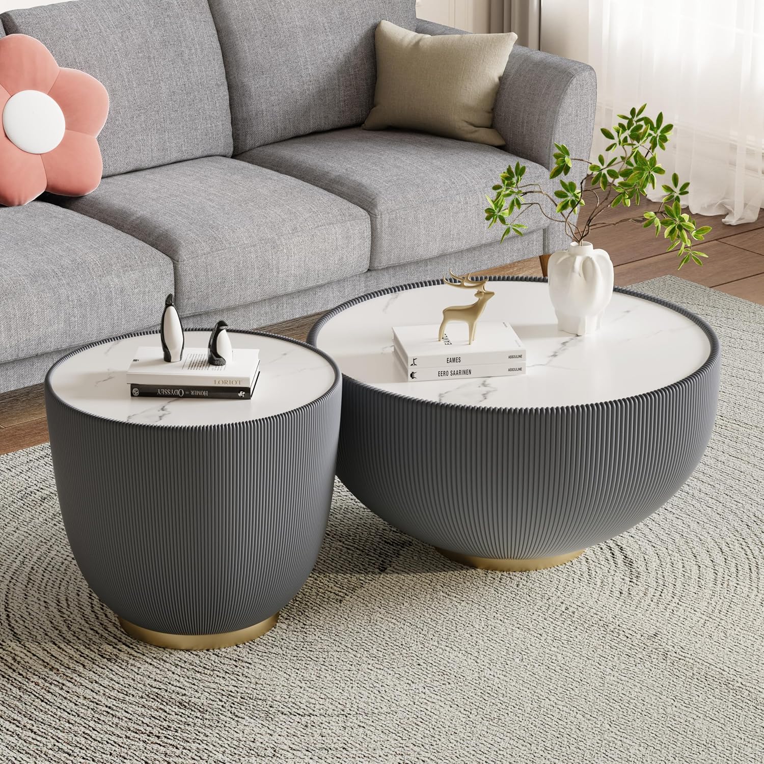 Modern Round Coffee Table Set of 2 Luxury Sintered Stone Top Coffee End Table in Grey Leatherette Creative Bowl-Shape Small Coffee Side End Tables for Living Room,Fully Assembled