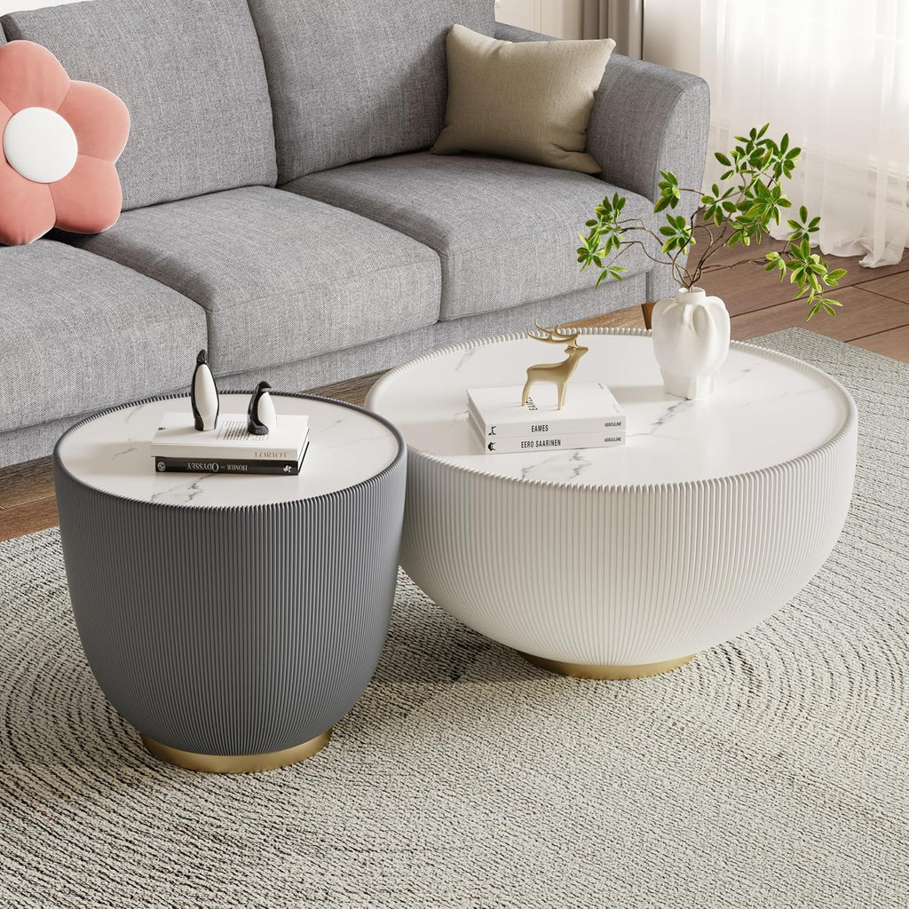 Modern Round Coffee Table Set of 2 Luxury Sintered Stone Top Coffee End Table in White/Grey Leatherette Creative Bowl-Shape Small Coffee Side End Tables for Living Room,Fully Assembled