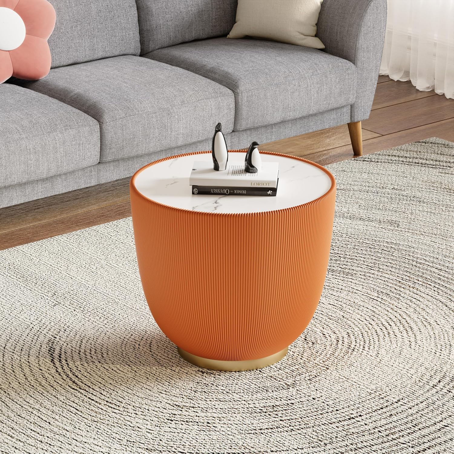 Modern Round Coffee Table Set of 2 Luxury Sintered Stone Top Coffee End Table in White/Orange Leatherette Creative Bowl-Shape Small Coffee Side End Tables for Living Room Bedroom