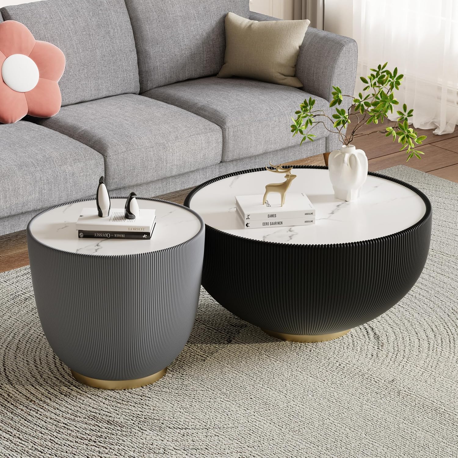 Modern Round Coffee Table Set of 2 Luxury Sintered Stone Top Coffee End Table in Black/Grey Leatherette Creative Bowl-Shape Small Coffee Side End Tables for Living Room,Fully Assembled