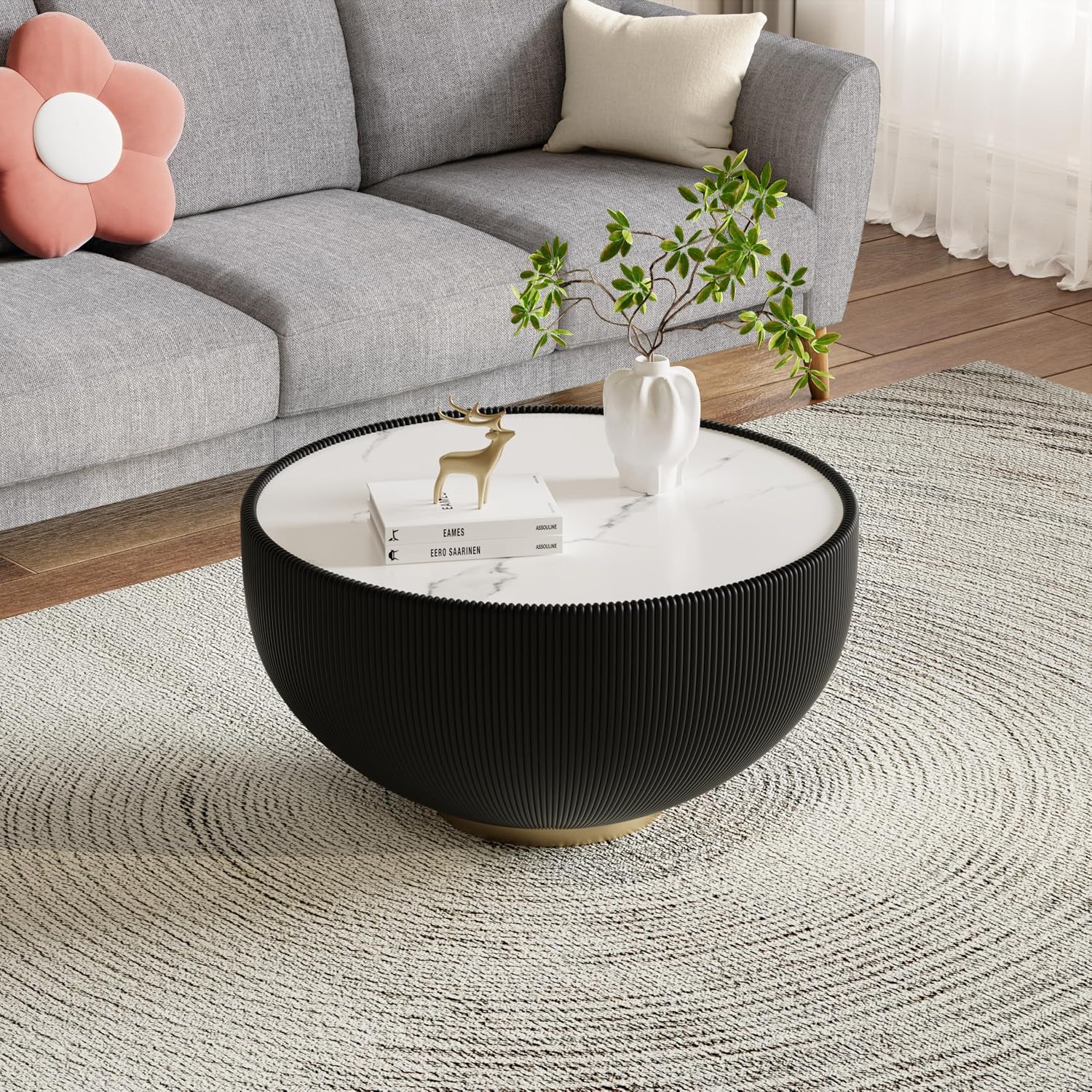 Modern Round Coffee Table Luxury Sintered Stone Top Coffee Table in Black Leatherette Creative Bowl-Shape Cocktail Center Table for Living Room Bedroom,Fully Assembled