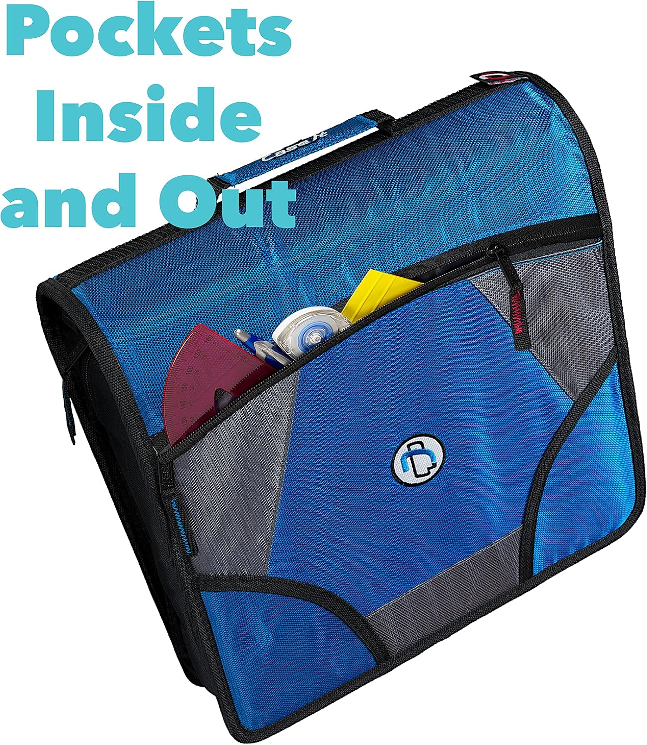Case-it King Sized Zip Tab School Zipper Binder | 4-Inch D-Rings, 800 Sheet Capacity, 5-Subject Expanding File Folder, Multiple Pockets & Storage Organizer, Shoulder Strap | D-186 Blue | 4 Pack