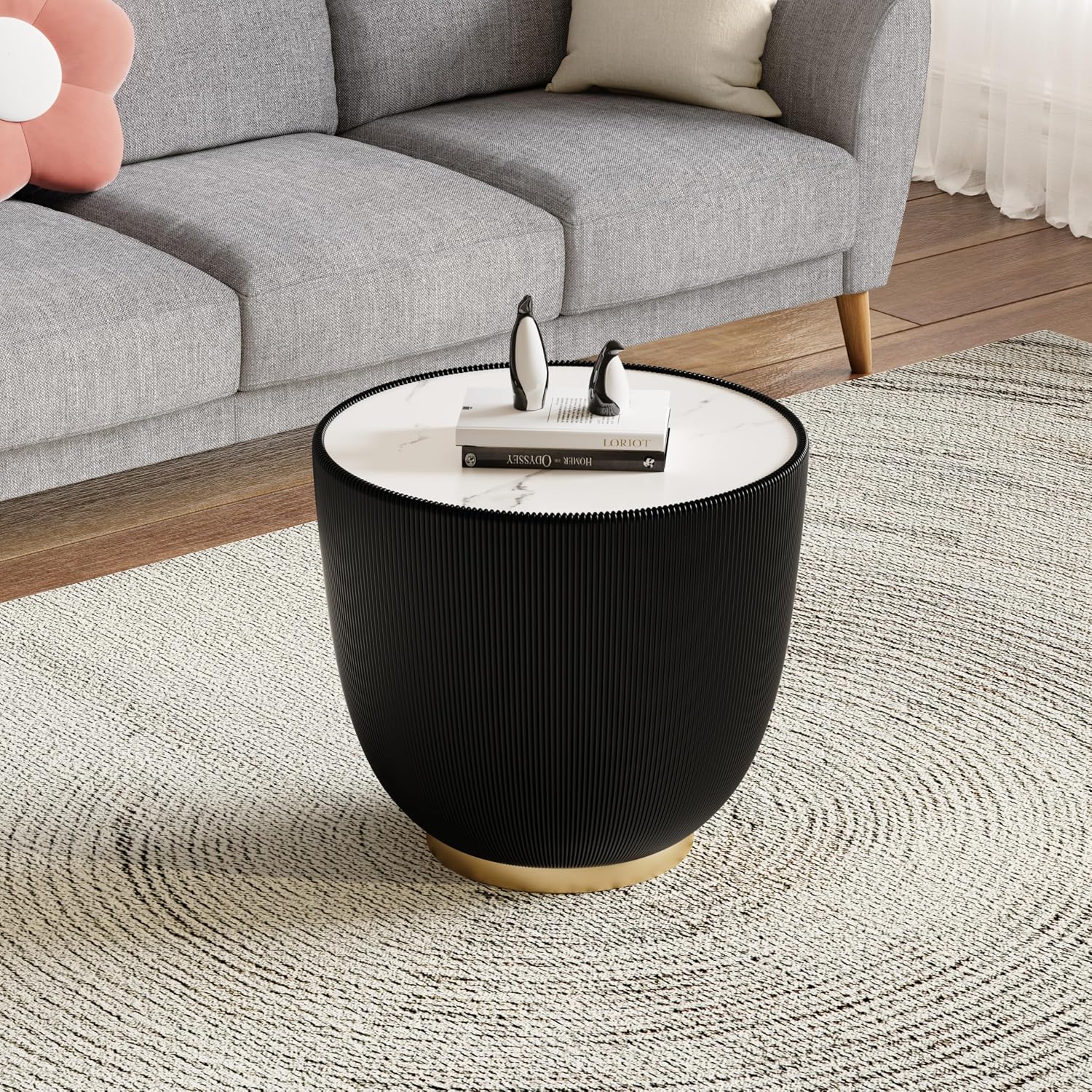 Modern Round Coffee Table Set of 2 Luxury Sintered Stone Top Coffee End Table in Black Leatherette Creative Bowl-Shape Small Coffee Side End Tables for Living Room Bedroom