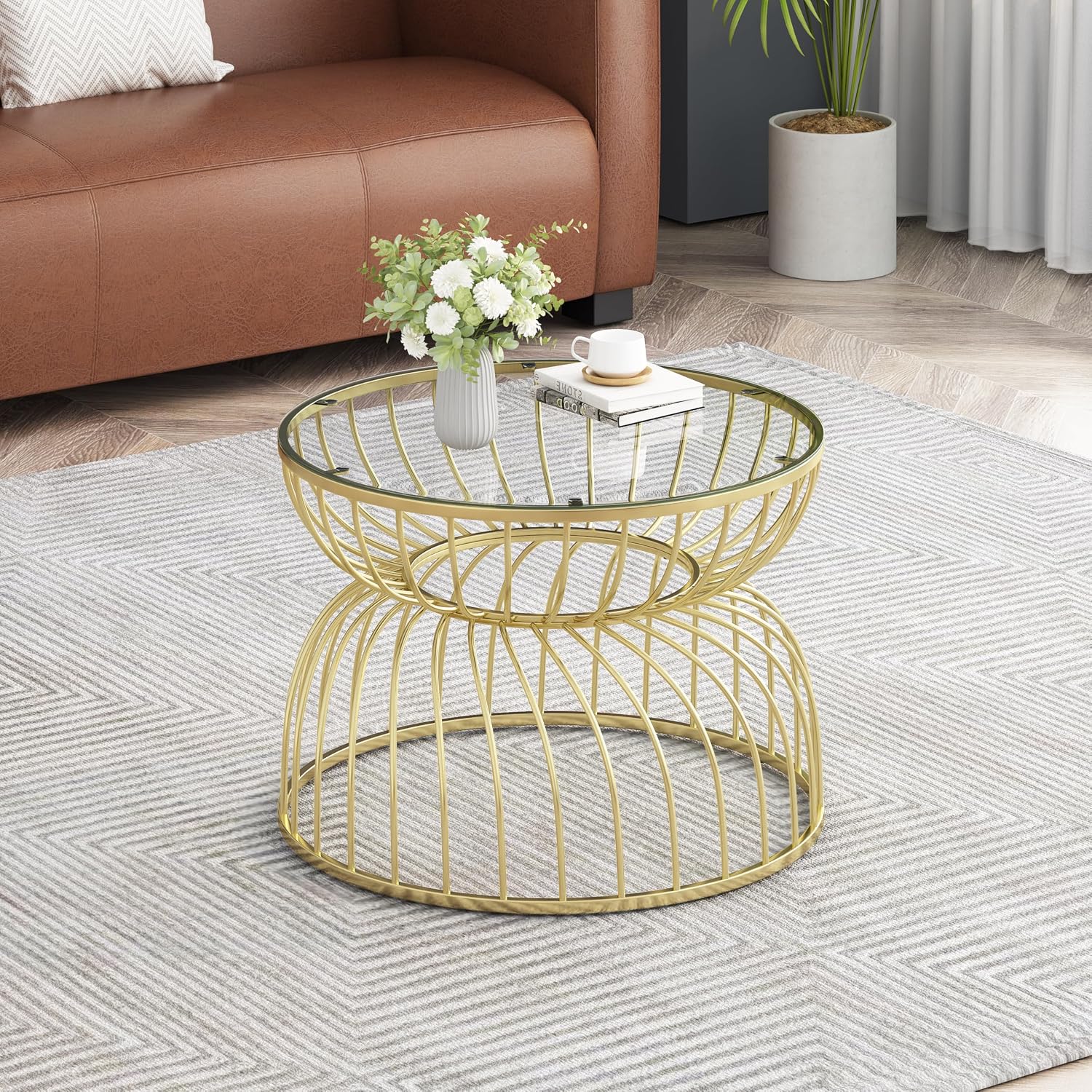 Christopher Knight Home 27.50' Coffee Table, Large End Table, Hourglass Curved Lines Frame, Metal Frame, Clear Tempered Glass Top, Chic Home Decoration, Accent Side Tables for Living Room, Gold